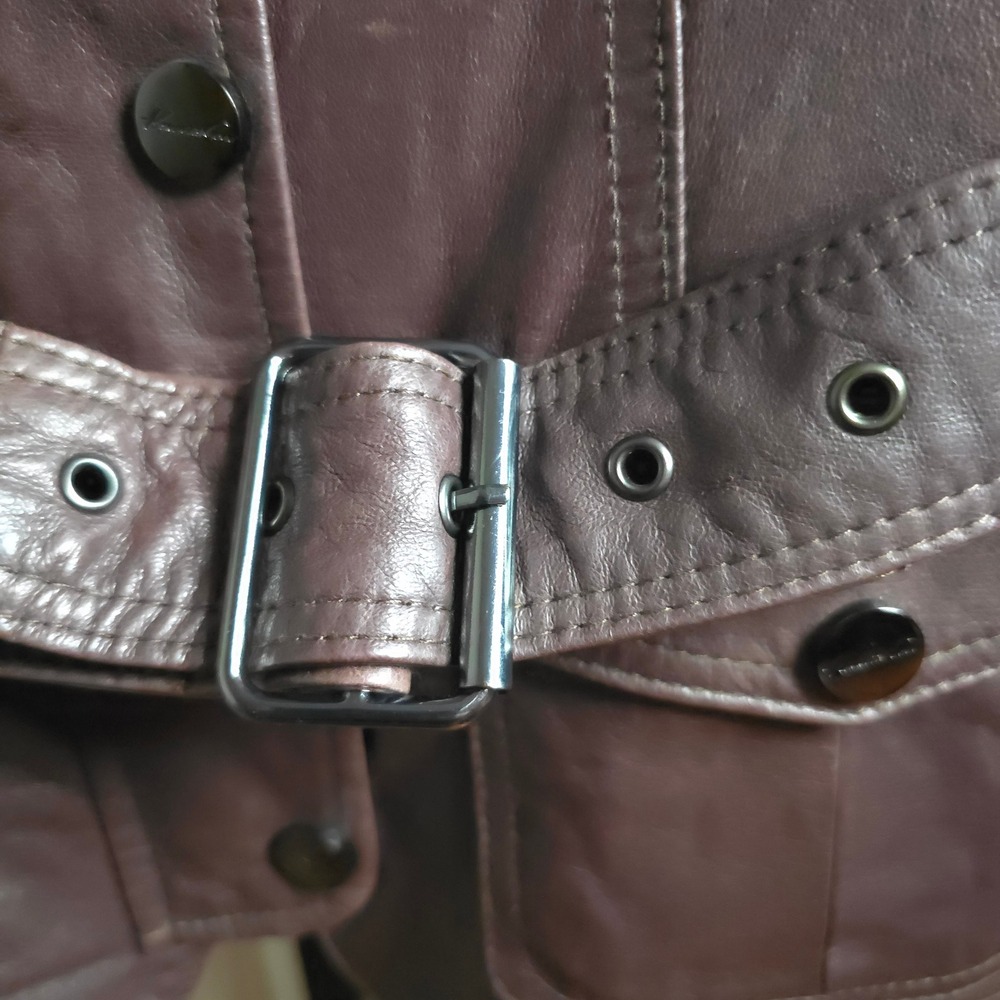 Kenneth Cole Reaction Brown Leather Jacket Women's Medium Belted Moto Zip Cuffs - Picture 6 of 15